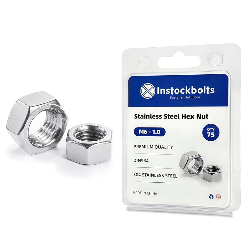 Instockbolts Hex Nuts, M6-1.0 Stainless Steel 304 (18-8) Hex Nut, 70pcs - Image 1